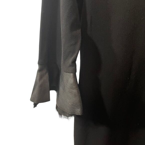 Alice & Olivia Black Lamb Leather Cuff Bell Sleeve Raw Edge Hem Dress Size L - Picture 5 of 12